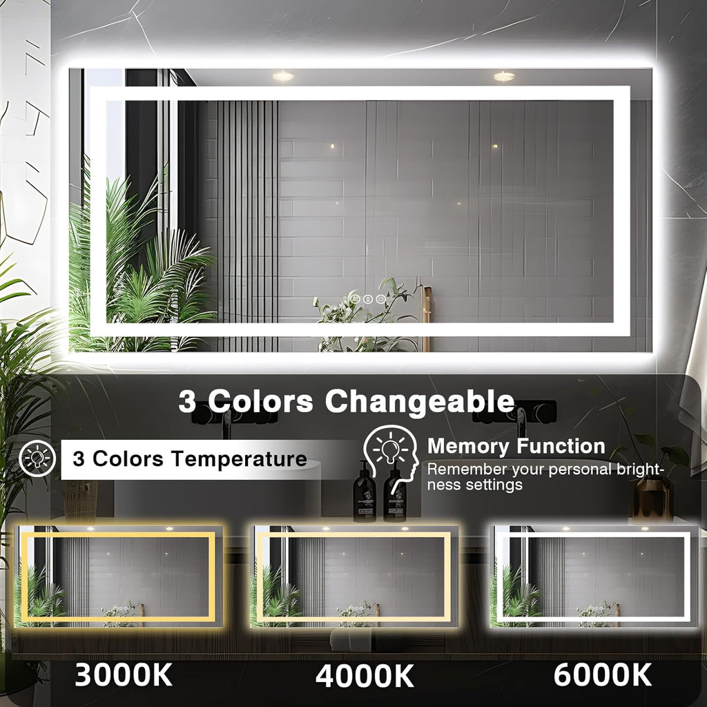 72"x36" Bathroom Mirror with Lights (Front and Backlit), Anti-Fog LED Lighted Bathroom Mirror, Stepless Dimmable Vanity Mirror, 3 Colors Smart Mirror (Horizontal/Vertical)