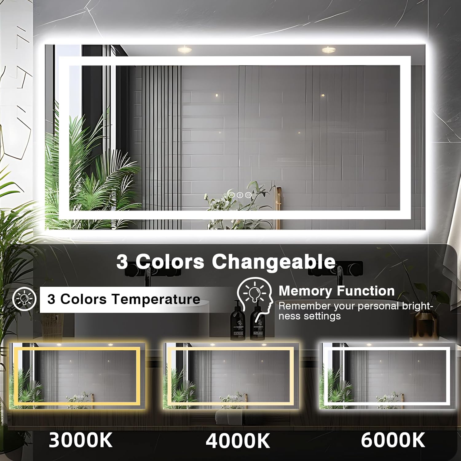 72"x36" Bathroom Mirror with Lights (Front and Backlit), Anti-Fog LED Lighted Bathroom Mirror, Stepless Dimmable Vanity Mirror, 3 Colors Smart Mirror (Horizontal/Vertical)