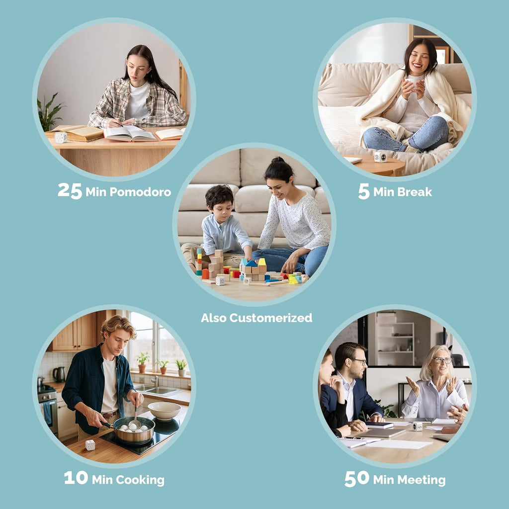 KADAMS Pomodoro Cube Timer Productivity Visual Timer 5/10/25/50 Min Customize Timer, Rotating Countdown Countup, Mute - for Work Study Cook Workout Kitchen Classroom for Kid (White)