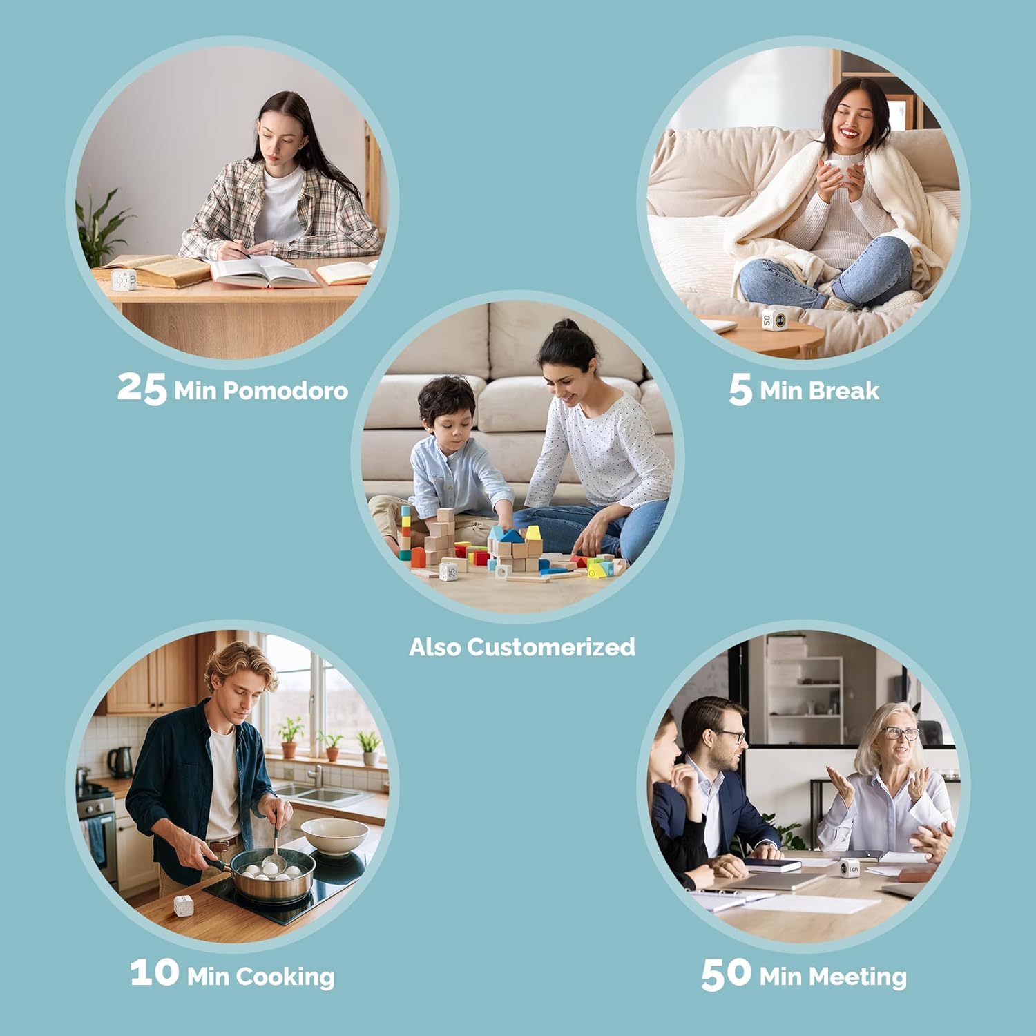 KADAMS Pomodoro Cube Timer Productivity Visual Timer 5/10/25/50 Min Customize Timer, Rotating Countdown Countup, Mute - for Work Study Cook Workout Kitchen Classroom for Kid (White)