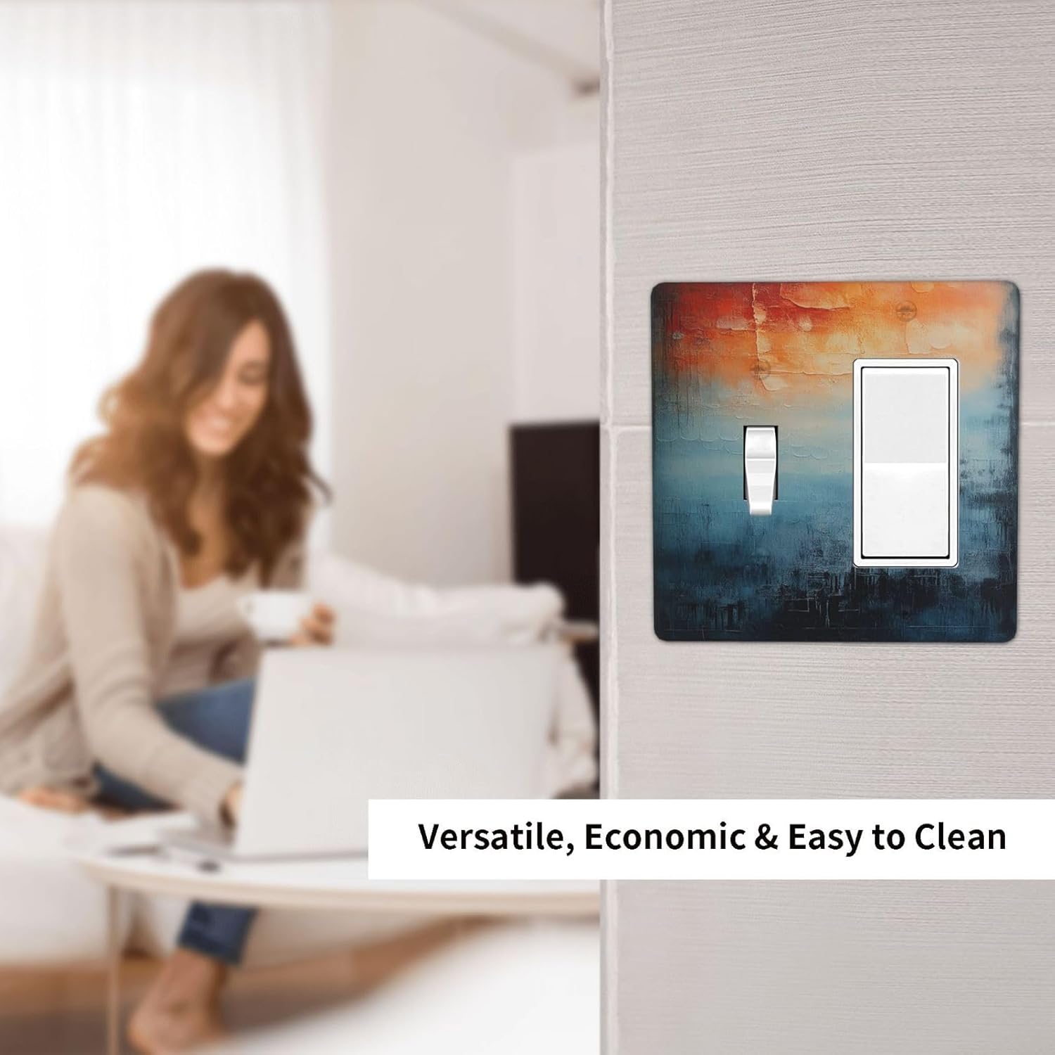 Blue Orange Abstract Modern Minimalist Oil Painting 2 Gang Combo 1 Toggle 1 Rcoker Light Switch Covers Decorative Switch Plates Electrical Switch Plates and Outlet Covers for Home 4.5 X 4.5 IN
