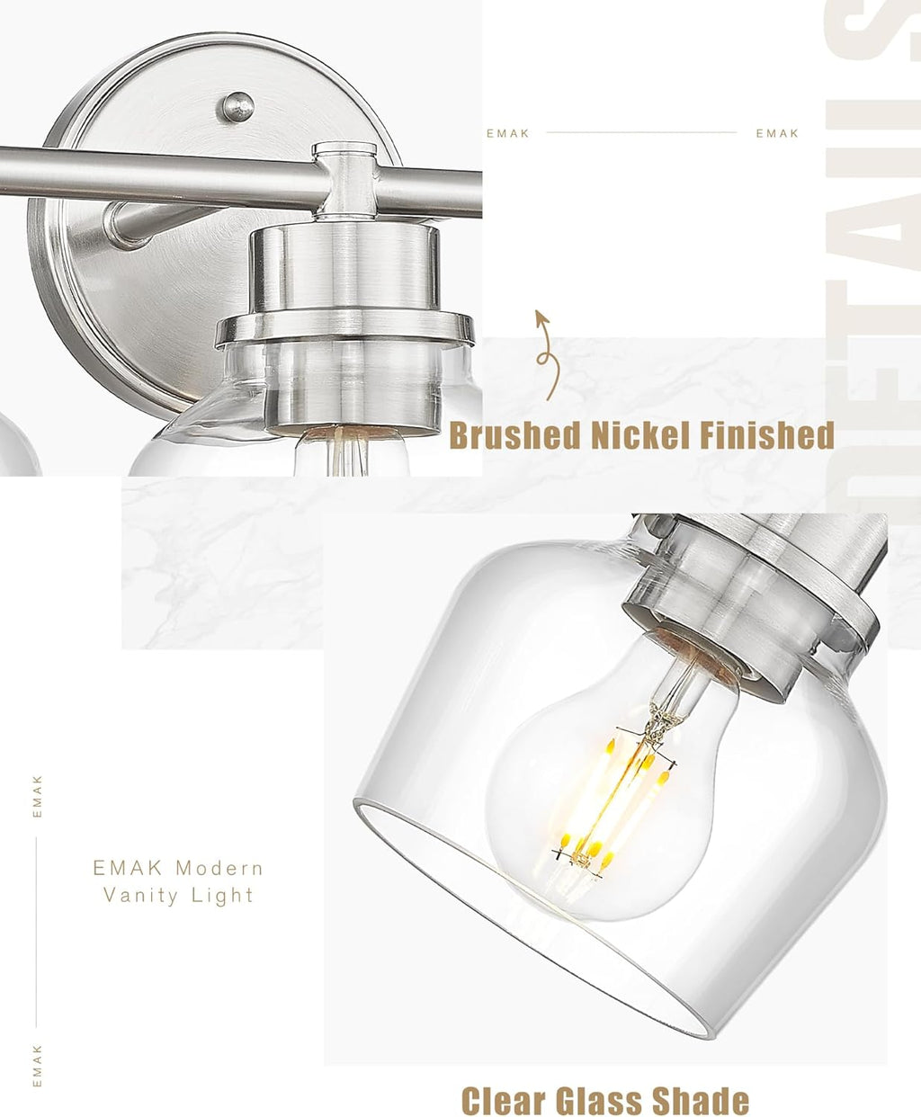 Emak Bathroom Light Fixtures Over Mirror, Brushed Nickel Vanity Light with Clear Glass Shade, 3-Light Vanity Lights for Bathroom, Mirror, Makeup Desk, VL122-BN-CG-3