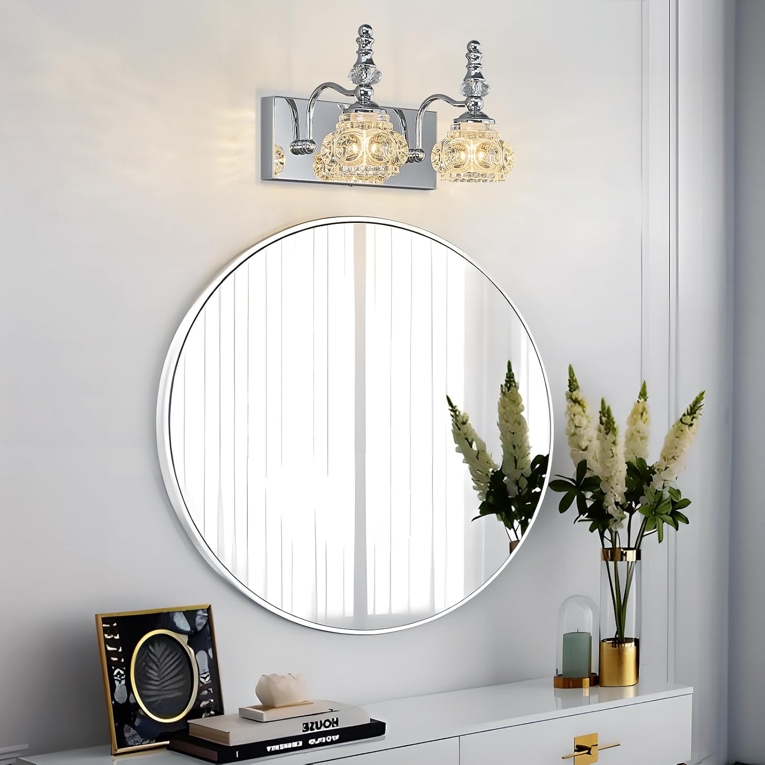 Modern Glass Crystal Vanity Light - Vintage Bathroom Lighting Fixtures Over Mirror, 2 Light Vanity Lights G9 Bulb (11.81 Inch, Chrome)