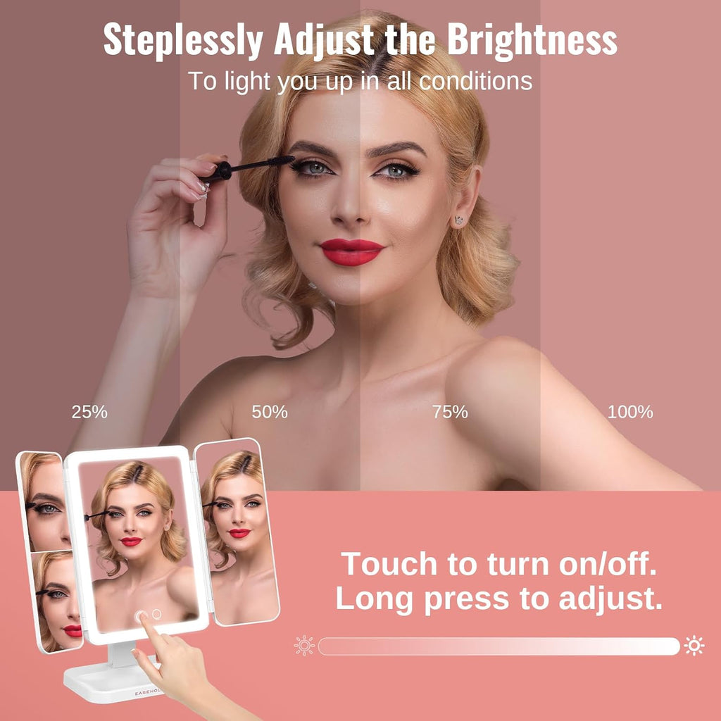EASEHOLD Vanity Mirror with Lights, 2X 3X Magnification, Trifold, Rechargable, Touch Control - Gifts for Girls & Women