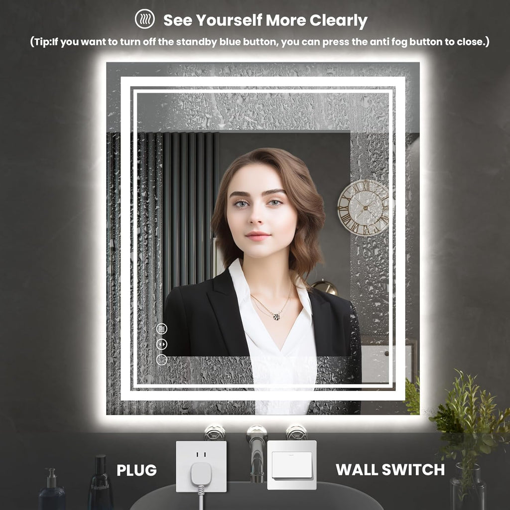 32 x 36 Inch LED Bathroom Mirror, Front Light and Backlit Anti-Fog Dimmable Memory Lighted Vanity Mirror, Shatterproof Wall-Mounted Led Mirror for Bathroom