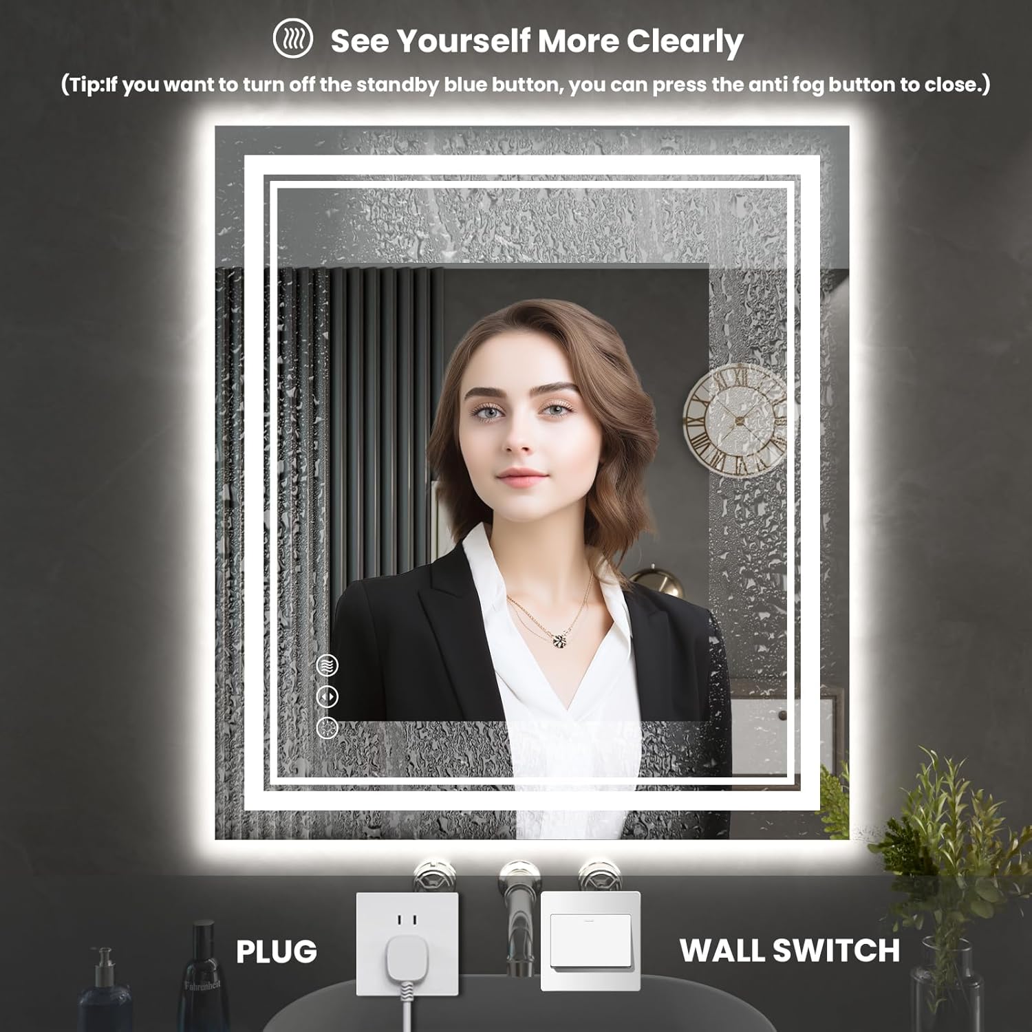 32 x 36 Inch LED Bathroom Mirror, Front Light and Backlit Anti-Fog Dimmable Memory Lighted Vanity Mirror, Shatterproof Wall-Mounted Led Mirror for Bathroom