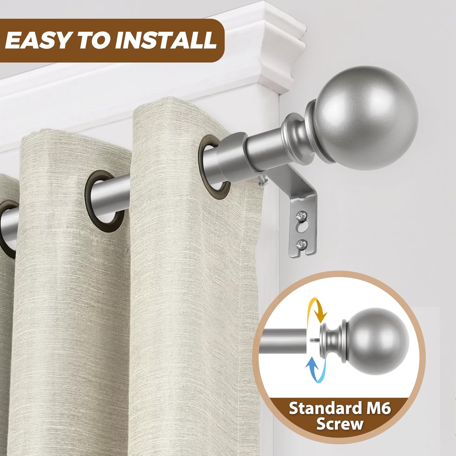 KAMANINA Curtain Rods for Windows 48 to 84 Inches, Antique Silver Curtain Pole 32 to 86 Inches (2.6-7.1ft), 7/8 Inch Decorative Drapery Rods with Round Finials