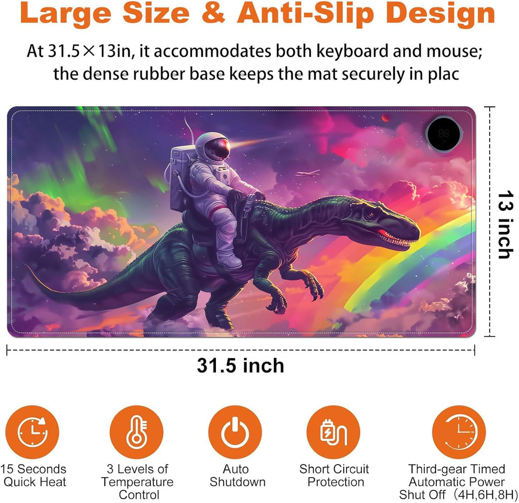 Heated Mouse Pad for Desk 31.5" x 13" – PU Leather Warm Desk Pad with 3 Heat Levels (104°F/113°F/122°F), Plug-in Electric Heating Mat with Auto Shut-Off, Waterproof & Rollable, Astronaut on Dinosaur