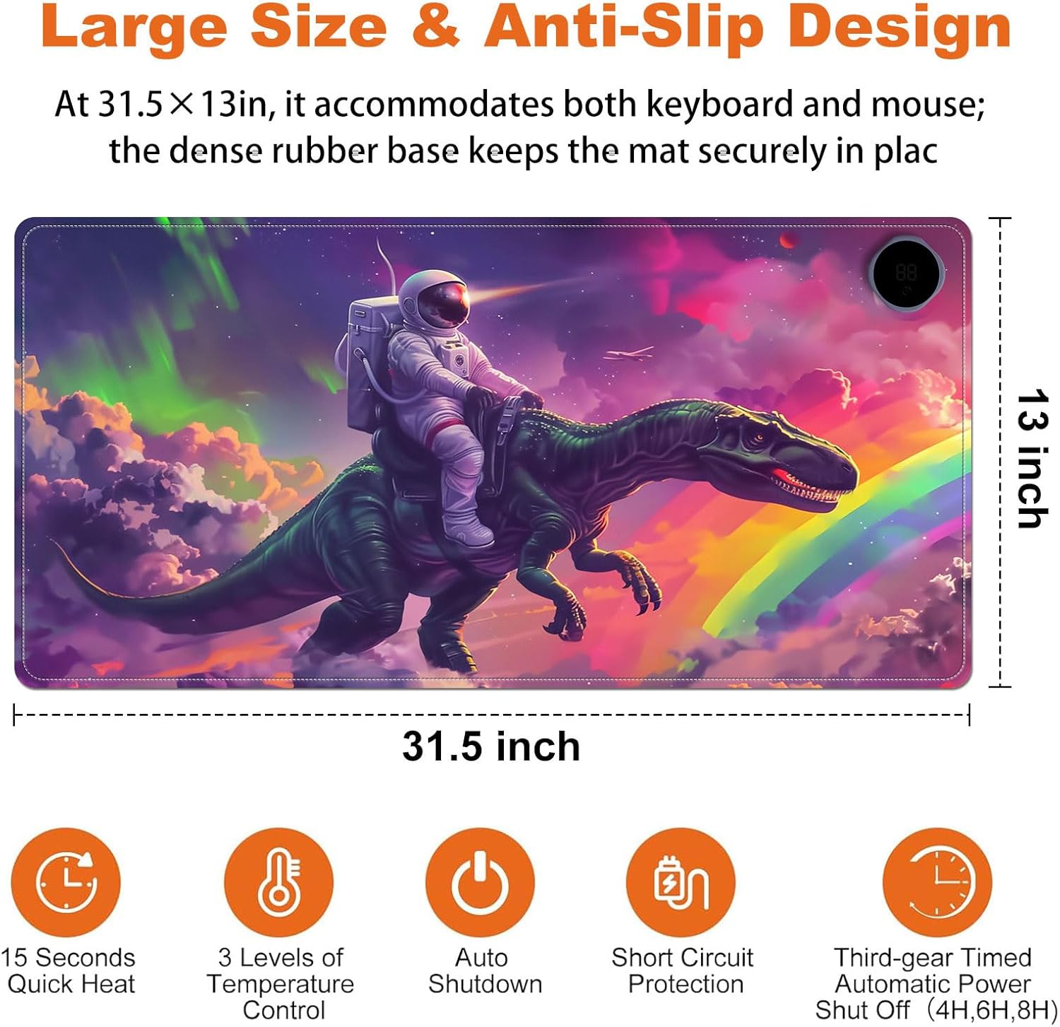 Heated Mouse Pad for Desk 31.5" x 13" – PU Leather Warm Desk Pad with 3 Heat Levels (104°F/113°F/122°F), Plug-in Electric Heating Mat with Auto Shut-Off, Waterproof & Rollable, Astronaut on Dinosaur