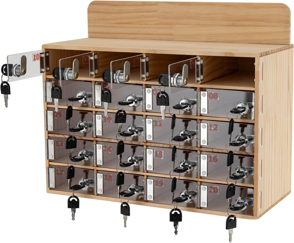 Cell Phone Locker Box 20 Slots Cell Phone Organizer Cabinet with Combination Locks Wall-Mounted Locking Cell Phone Storage Box for Classroom Office,Shool,Office (20 Slots, Wood+Acrylic)