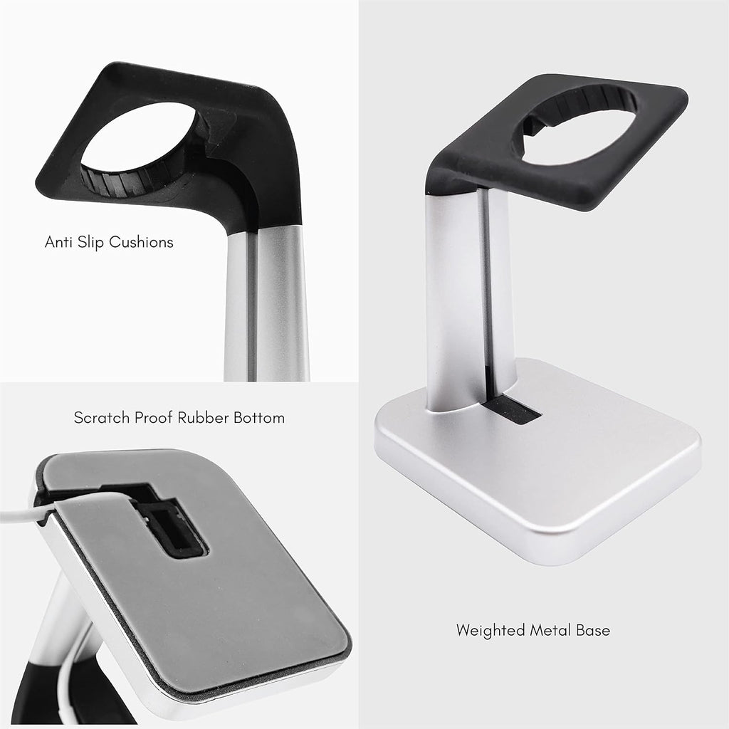 Macally Apple Watch Stand for Series Ultra 10 9 8 7 6 5 4 3 2 1 SE (49mm 45mm 44mm 42mm 41mm 40mm 38mm) - Apple Watch Charger Stand Dock Holder - Sleek Desk iWatch Charging Station - Silver