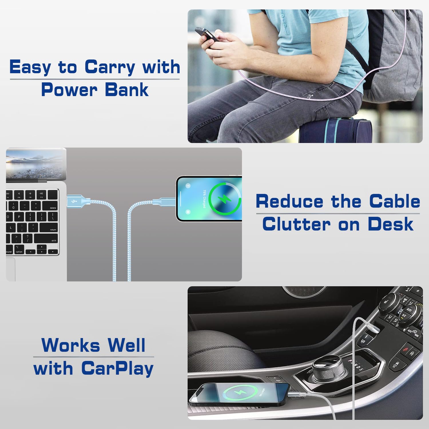 [Apple MFi Certified] Short iPhone Charger 1ft 3Pack,USB A to Lightning Cord Nylon Braided 12 Inch Fast Charging iPhone Cable Compatible with iPhone 14 13 12 11 Pro/Max/Mini Xs SE2/iPad for Car