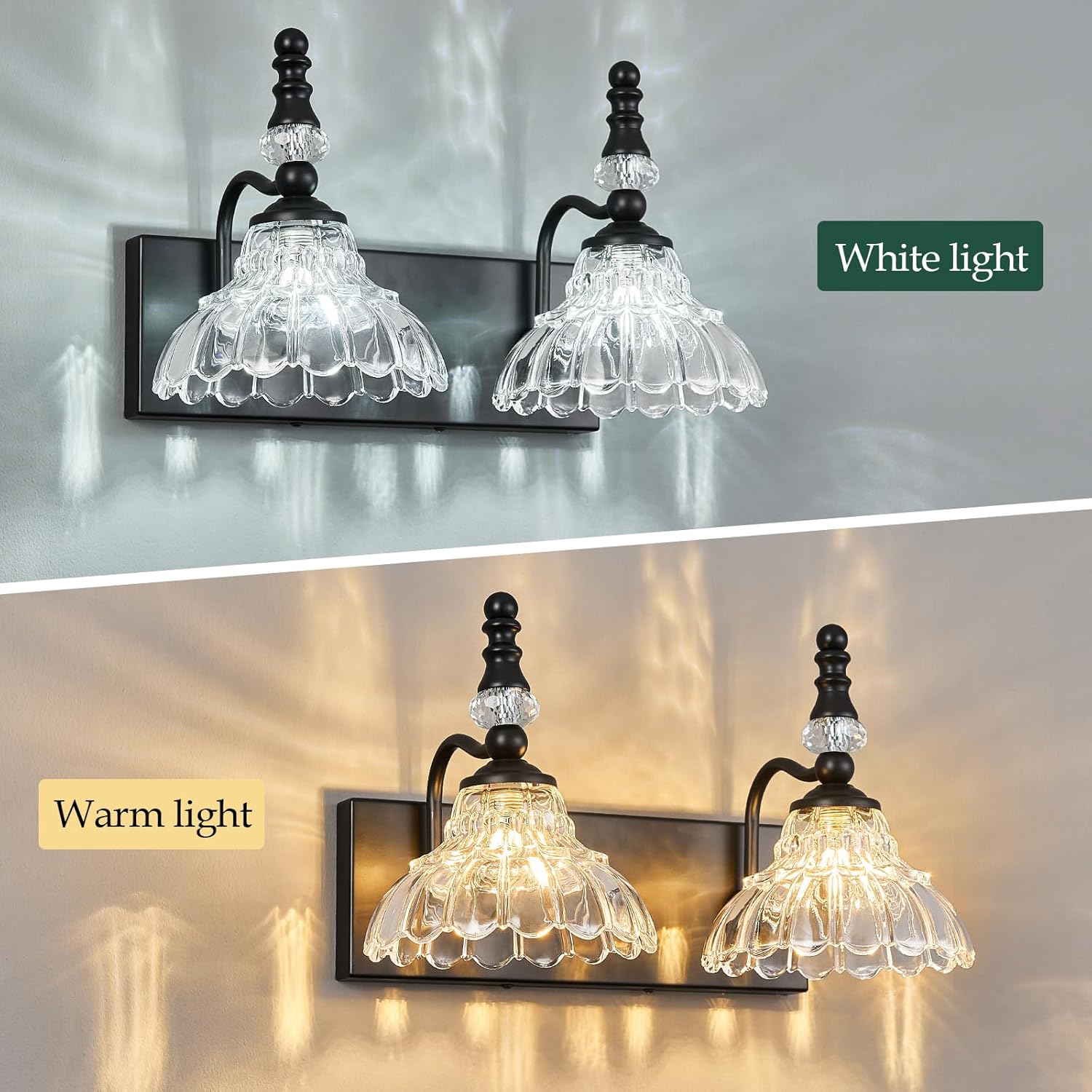 Vintage Bathroom Vanity Light, 2-Light Black Vanity Lighting Fixture with Flower Glass Shade, Bathroom Lighting Fixtures Over Mirror