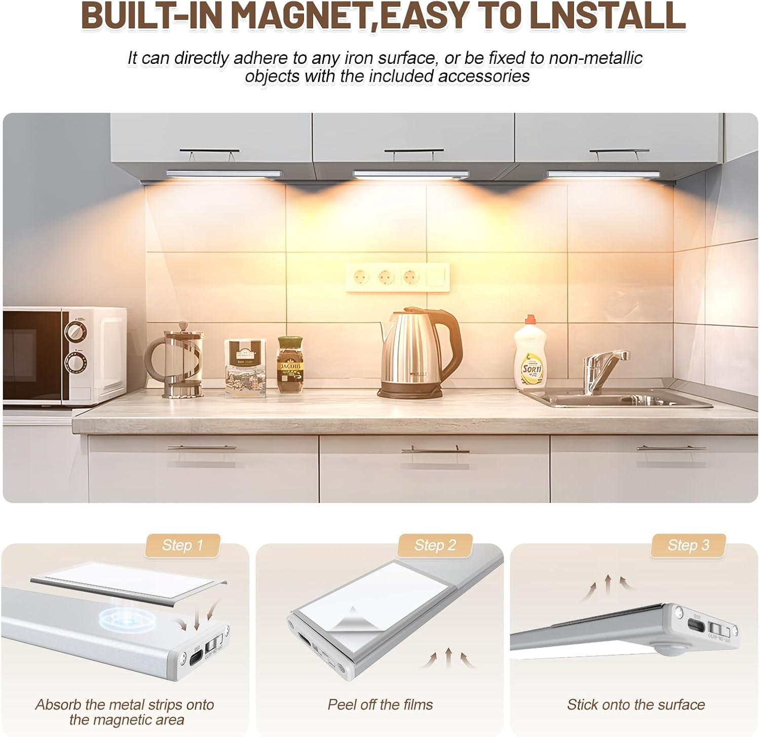 6 Pack Under Cabinet Lighting Wireless, 68 LED Rechargeable Battery Motion Sensor Light Indoor, Stick On Magnetic Closet Lights, Under Counter Lights for Kitchen, Stairs, Warm 16 in