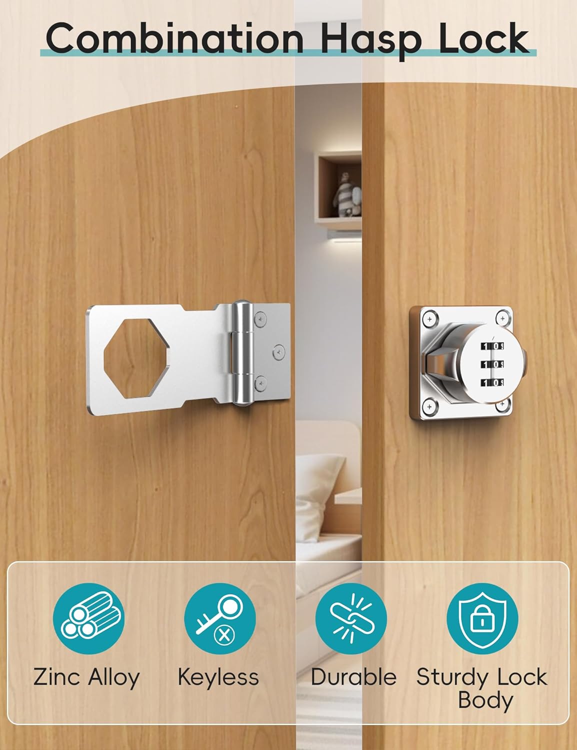 Cabinet Password Hasp Lock, Keyless Combination Lock for Small Doors, Bathroom, Outdoor, Garage, Garden, Silver, 2 Pack