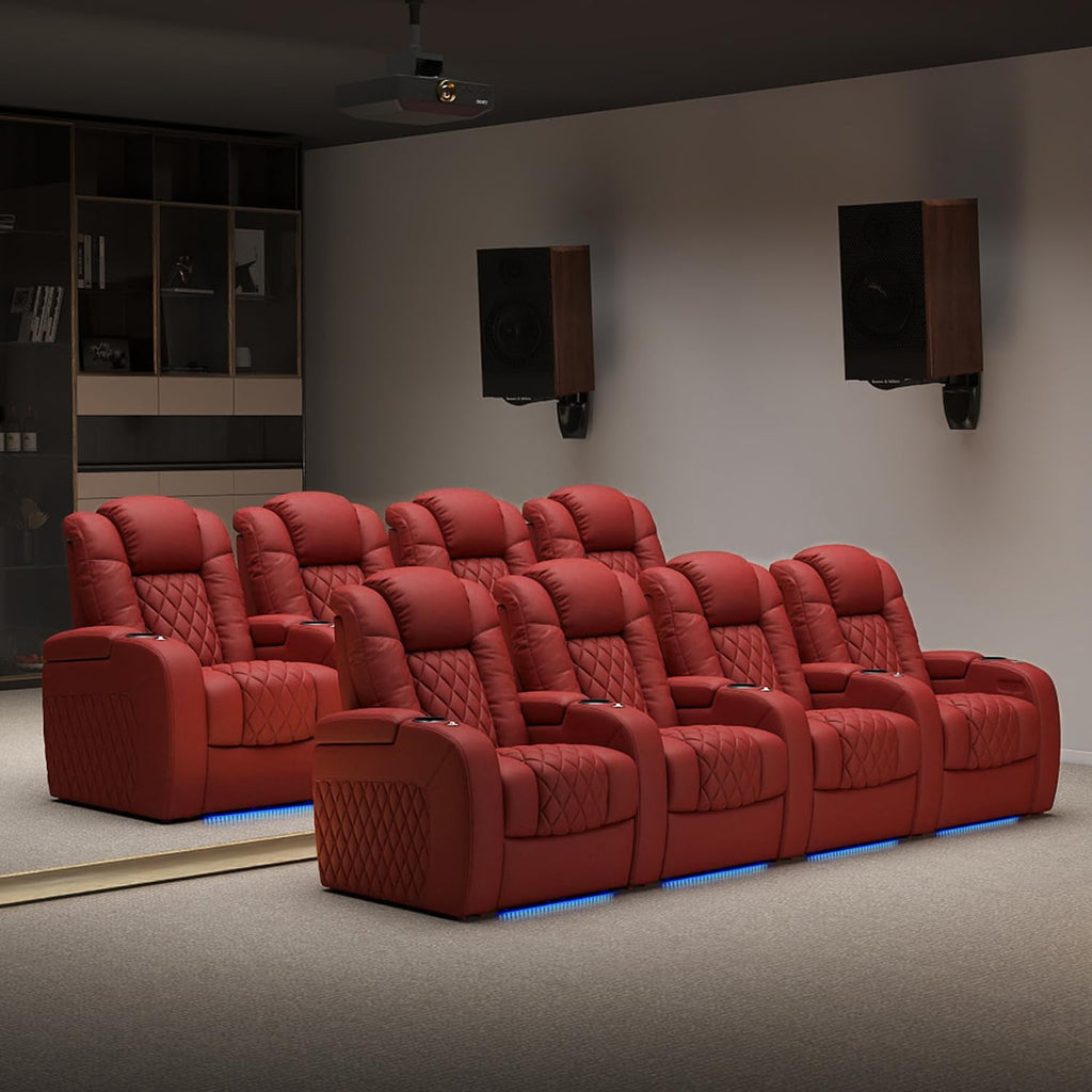 Weilianda Home Theater Seating Top Grain Leather Zero Gravity Recliner Chair Power Headrest Recline Movie Seat Gaming 7 Colors Mood Light Sofa with Tray Table USB Charge Row of 3 Loveseat Left Red
