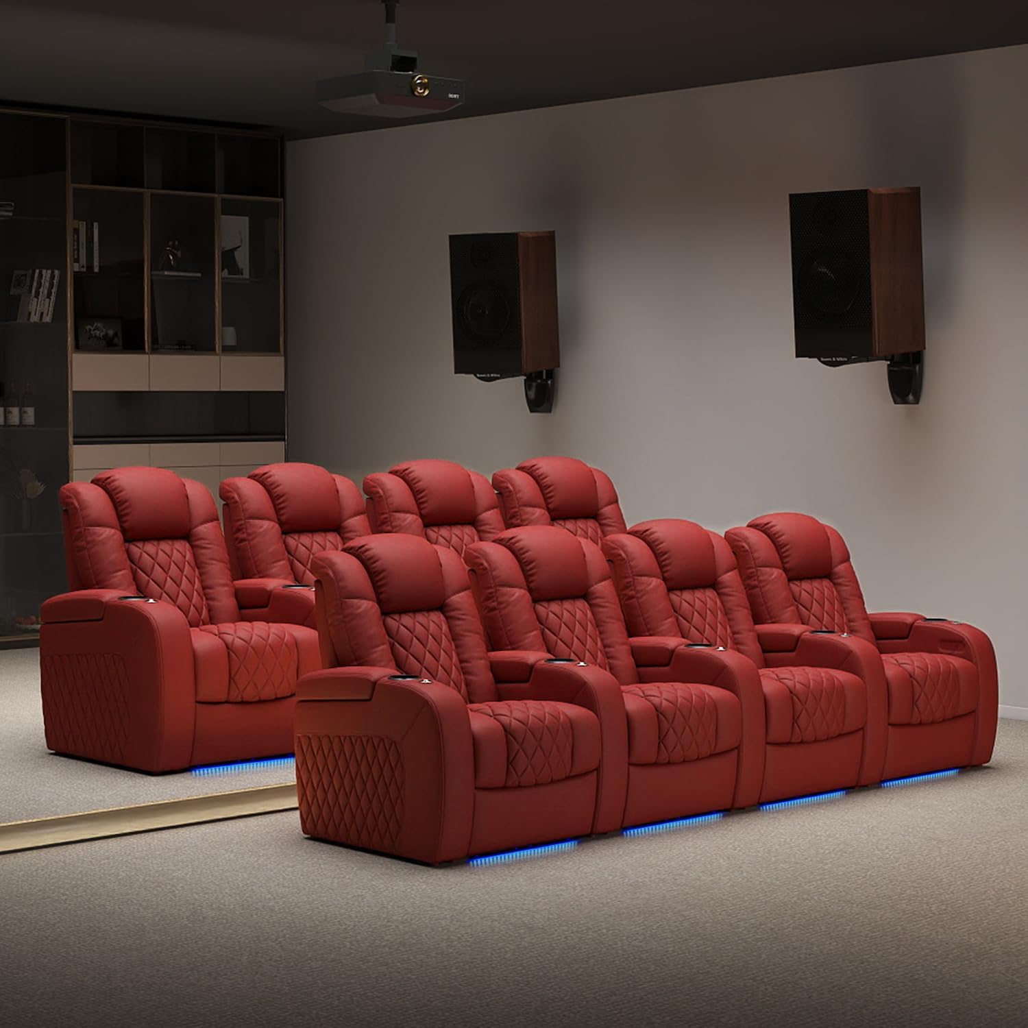 Weilianda Home Theater Seating Top Grain Leather Zero Gravity Recliner Chair Power Headrest Recline Movie Seat Gaming 7 Colors Mood Light Sofa with Tray Table USB Charge Row of 5 Loveseat Left Red