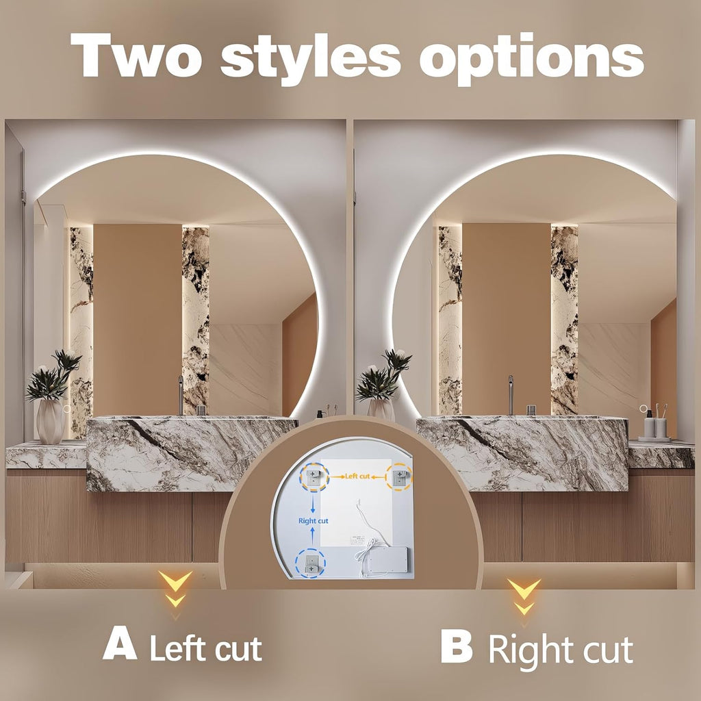 Niccy 40" Semicircular Wall Mounted Frameless LED Mirror, Modern Half Moon Design, Anti-Fog, Shatter-Proof, 3 Color Temperatures, Dimmable Light, Bathroom & Bedroom Use
