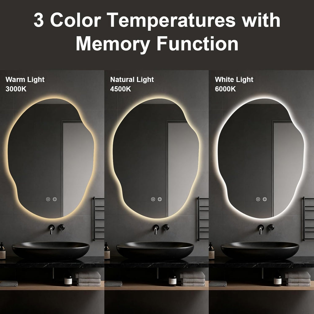 Asymmetrical Bathroom Mirror with Lights,Irregular LED Bathroom Vanity Mirror with Backlit,Anti-Fog,3 Colors and Dimmable Light with Memory,Hardwired Supported[Horizontal/Vertical] 35" H x 25" W
