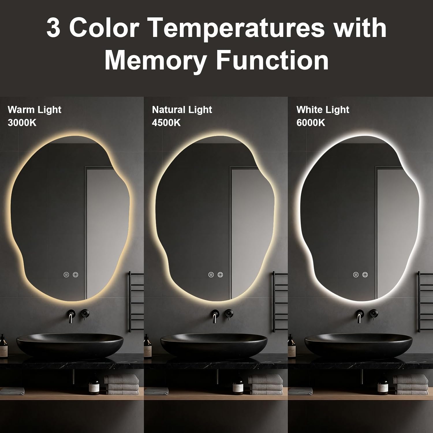 Asymmetrical Bathroom Mirror with Lights,Irregular LED Bathroom Vanity Mirror with Backlit,Anti-Fog,3 Colors and Dimmable Light with Memory,Hardwired Supported[Horizontal/Vertical] 35" H x 25" W