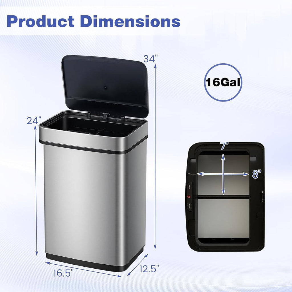 Goplus 16 Gal Automatic Trash Can, Stainless Steel Motion Sensor Trash Can with 2 Compartments, Quick Response & Soft Close Lid, Touchless Compact Garbage Bin for Kitchen, Bedroom, Bathroom and Office