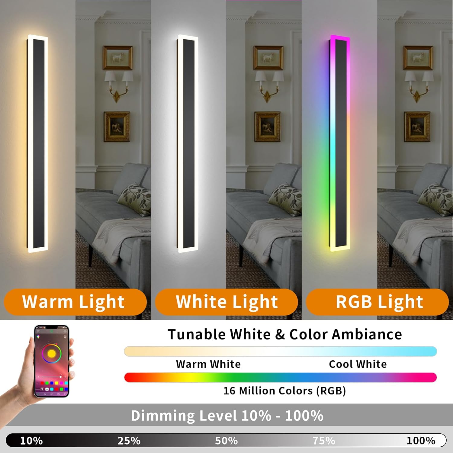 2 Pack Outdoor RGB Long Wall Lights, 47.2inch Wall Lights RGB/Warm/White Dimmable Modern Led Wall Lighting, Ip65 Waterproof Wall Sconce with Remote APP Control for Outdoor/Indoor Party Gathering