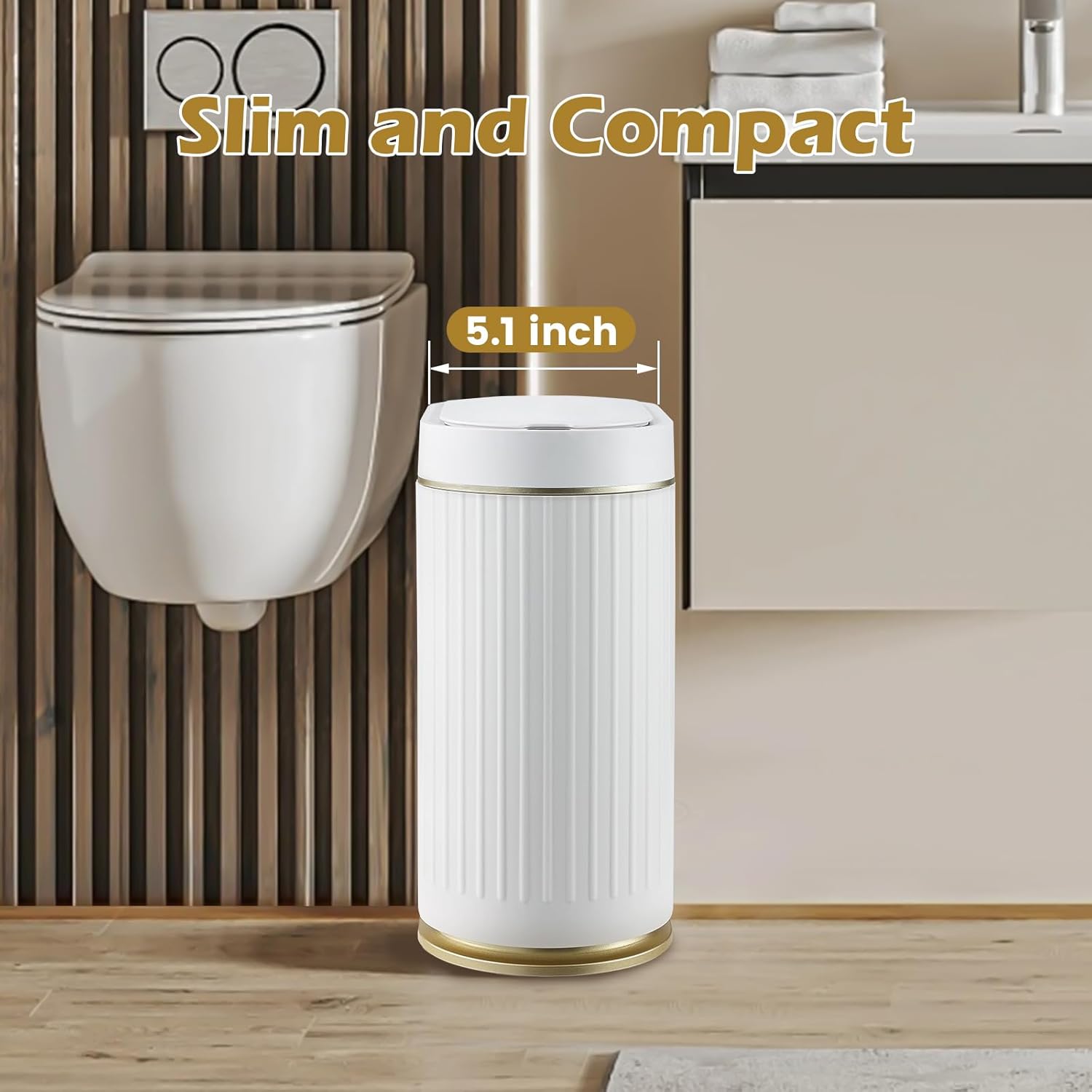 ELPHECO Bathroom Trash Can with Lid 2 Gallon Motion Sensor Garbage Can 7.5 Liter Small Trash can Touchless Bathroom Decor Waterproof Smart Waste Bin with Stripes for Bedroom, Office (White-Golden)