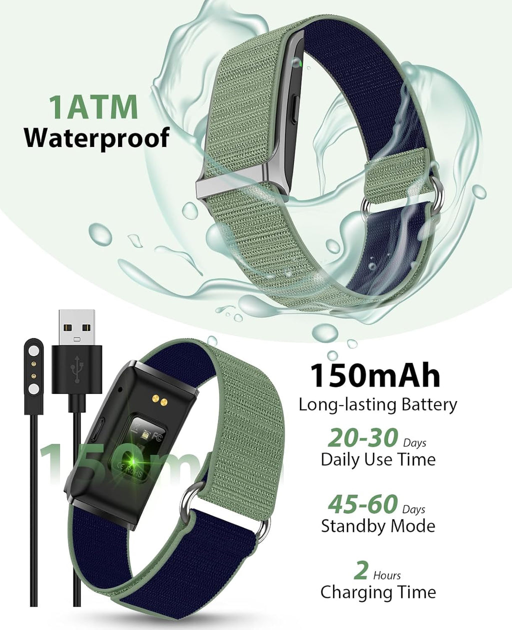 Smart Bracelet, Wearable Activity & Fitness Tracker Band, 24H Sleep Tracker, All-Day Continuous Heart Rate Blood Pressure Stress HRV Monitor, 173 Sport Modes Smart Wristband with 2 Bands, Free APP