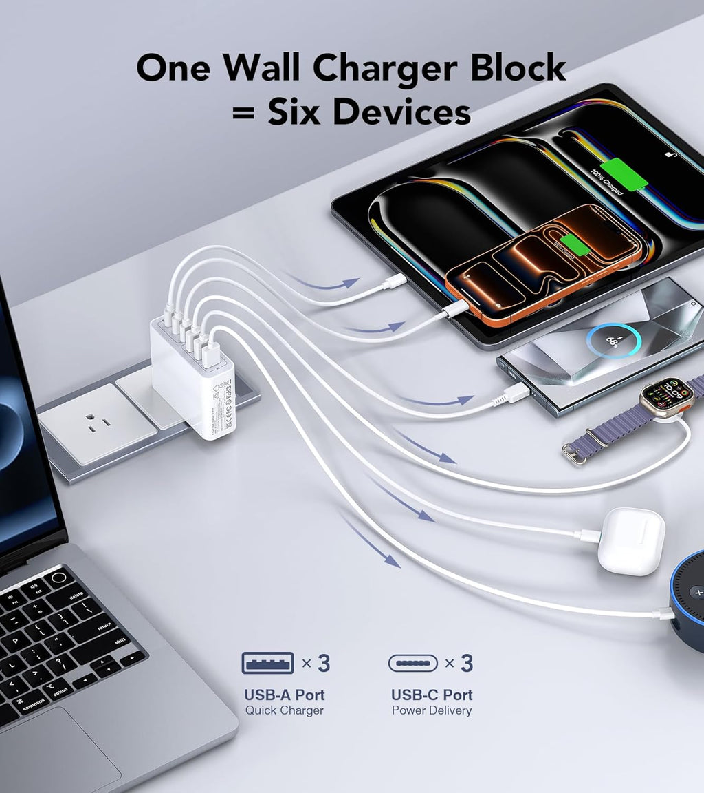 USB C Wall Charger, 100W 6-Port PD Fast USB C Charging Block,3USB C+3USB A Charging Station Hub Block Power Strip Adapter Plug Type C Cube Brick for iPhone 16/15/14/13/12/Pro Max,iPad,Samsung,Tablet
