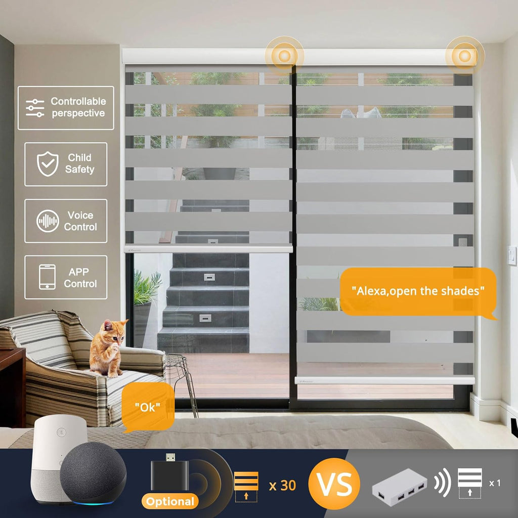 Motorized Blinds with Remote, Cordless Automatic Zebra Shades, Smart Blind for Windows, Grey, 27 x 72