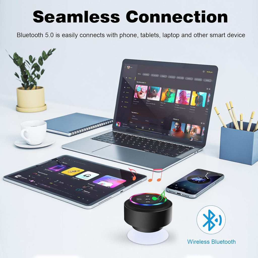 Shower Speaker Bluetooth Waterproof, Mini Portable Wireless Speaker with LED Lights, Suction Cup, Floating,Crystal Sound, for Bathroom Travel Beach Pool, Ideal Electronic Gifts