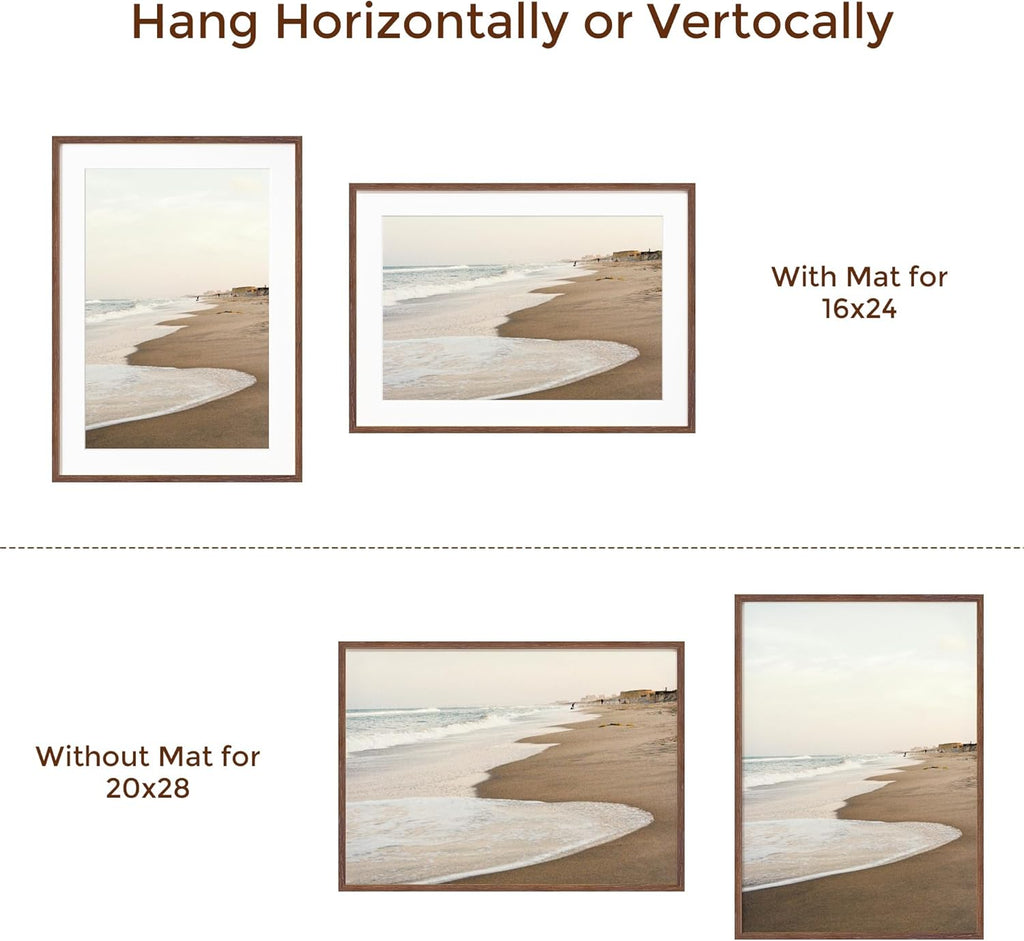 20x28 Oak Wood Picture Frame, 20"x28" Poster Frame for Wall, 20x28 Picture Frame with Mat for 16x24, Solid Oak Wood Photo Frame 20 x 28 with Tempered Real Glass (Walnut Color, 1 Pack)