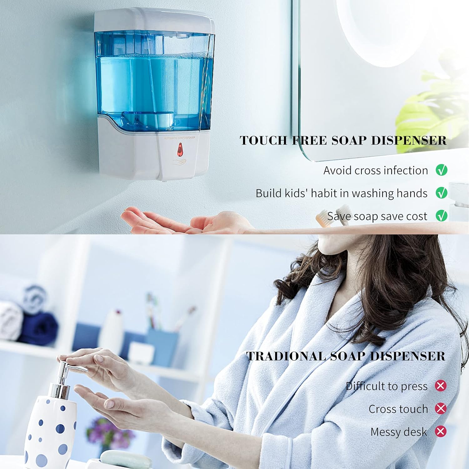 Soap Dispenser Wall Mount, Automatic Hand Sanitizer Dispenser 600ml Gel n Liquid Touchless Commercial Wall Soap Dispenser for Bathroom,White-600ml