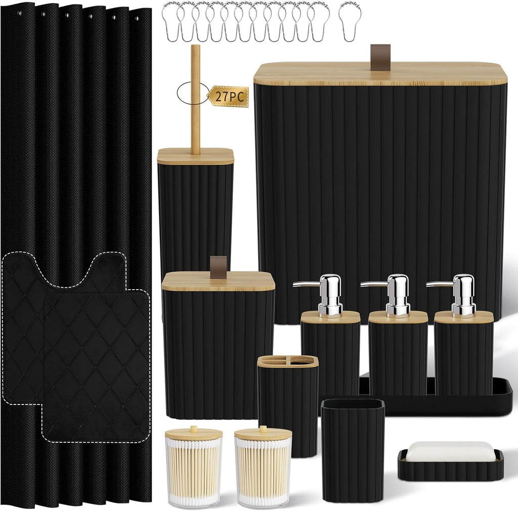 Bathroom Accessory Set - Black Bathroom Set, 27PC Bathroom Accessories Set, Bathroom Sets with Shower Curtain and Rugs, Mini Trash Can, Toilet Brush, Trash Can & Soap Dispenser