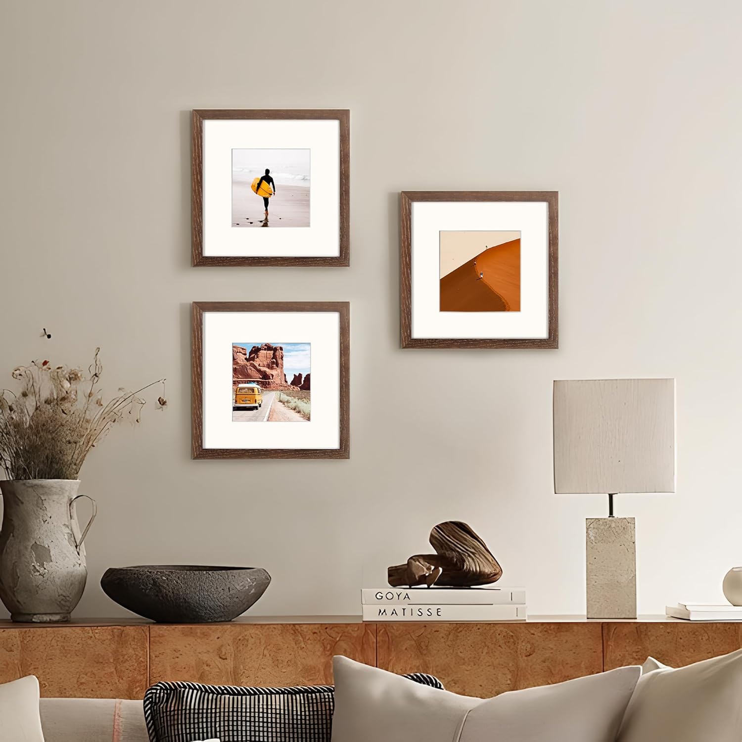 8x8 Picture Frames Set of 3, Solid Oak Wood 8”x8” Picture Frame Matted to 4”x4”,Square 8 x 8 Natural Wood Frame with Tempered Real Glass, Rustic 8x8 Photo Frame for Wall & Tabletop Display