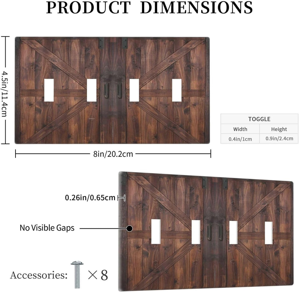 Decorative Light Switch Cover Plate Vintage Brown Farmhouse Barn Door 4 Gang Wall Plates for Electrical Outlets Quad Toggle Switch Plate Covers Outlet Covers Faceplate for Bedroom Home Decor