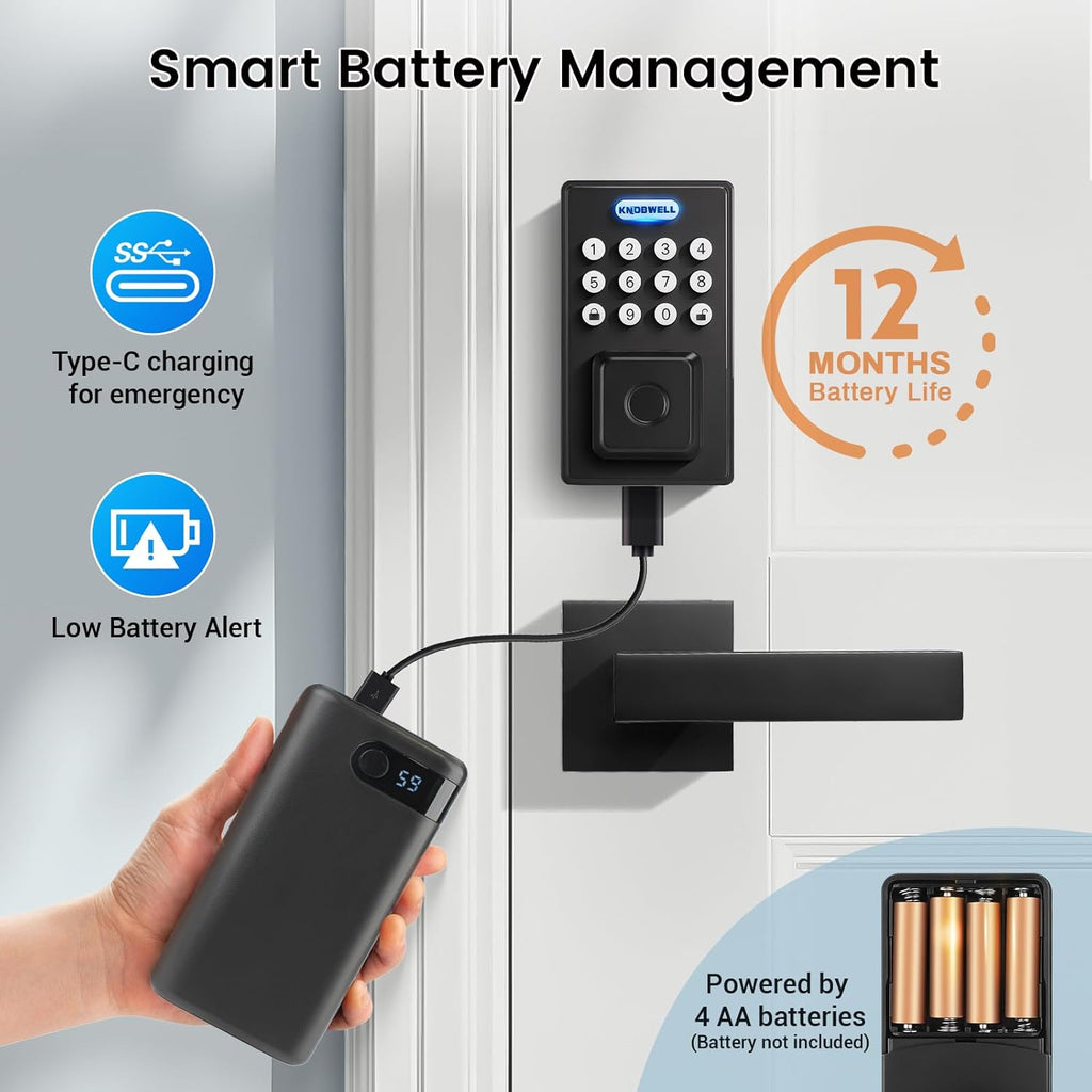 KNOBWELL Smart Fingerprint Door Lock with Lever Handle, Keyless Entry, Biometric Keypad, Electronic Deadbolt Lock，Matte Black