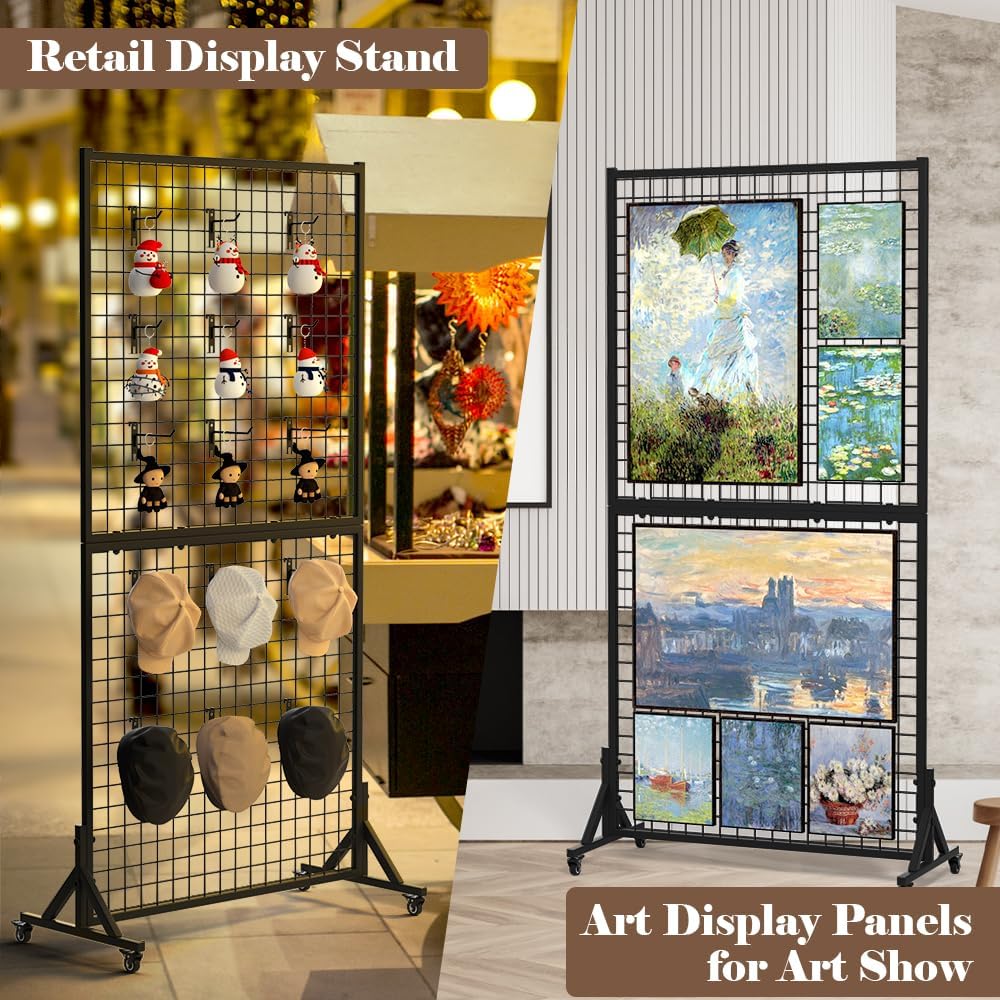 Kokorona 2-Pack 2.9' x 6' Grid Wall Panel Display Stand with 10 Grid Hooks, Wire Grid Wall Display Rack with Rubber Wheels, Floorstanding Art Display Panels for Art Craft Show, Retail Display Stand