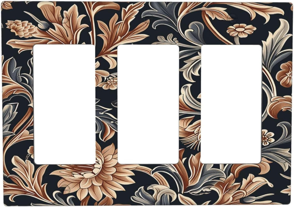 Light Switch Covers Vintage Grey Plant Leaves Brown Flowers 3 Gang Rocker Electrical GFCI Decorative Triple Outlet Wall Plate Cover Switchplate for Bedroom Home Decor