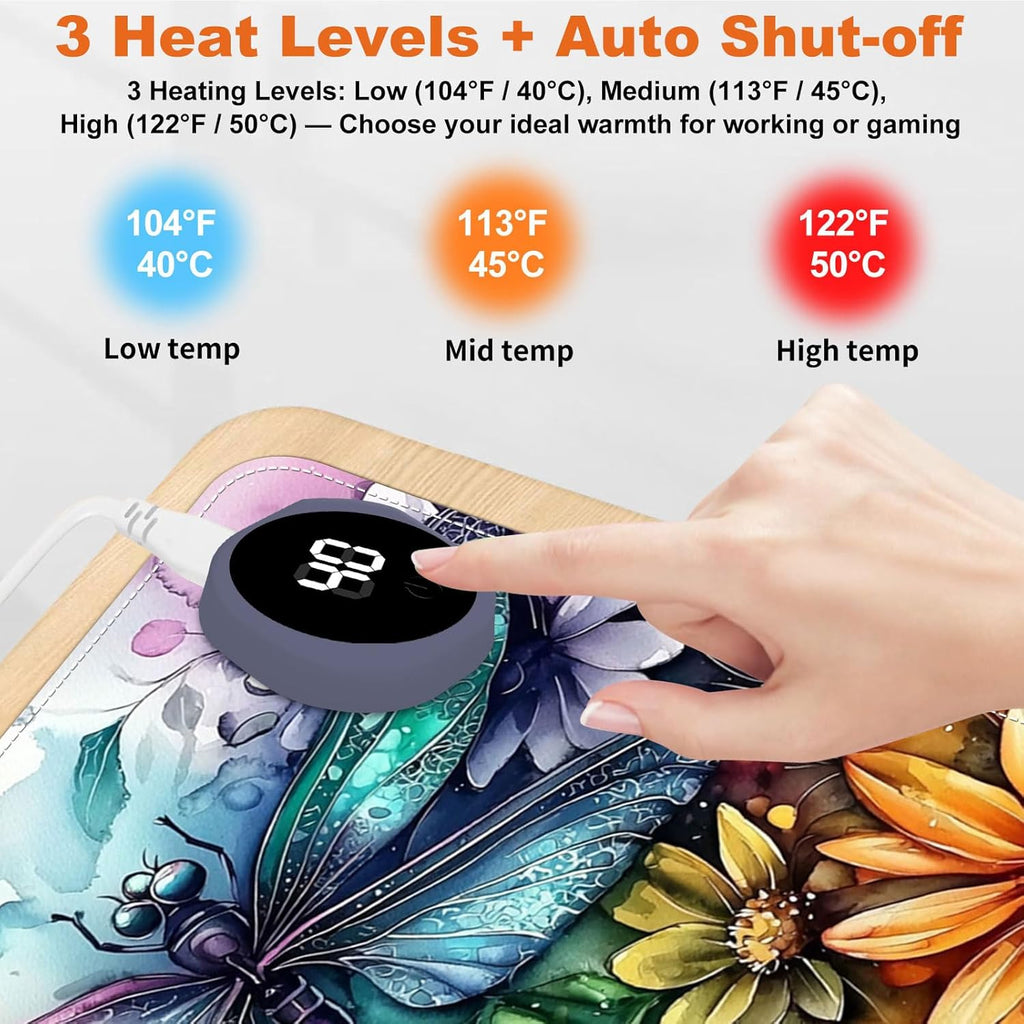 Small Heated Desk Pad 23.6" x 14.2" – Compact Electric Mouse Pad with 3 Heating Levels, Auto Shut-Off, Waterproof PU Surface, Plug-in Warmer for Office or Home Use, Colorful Dragonflies