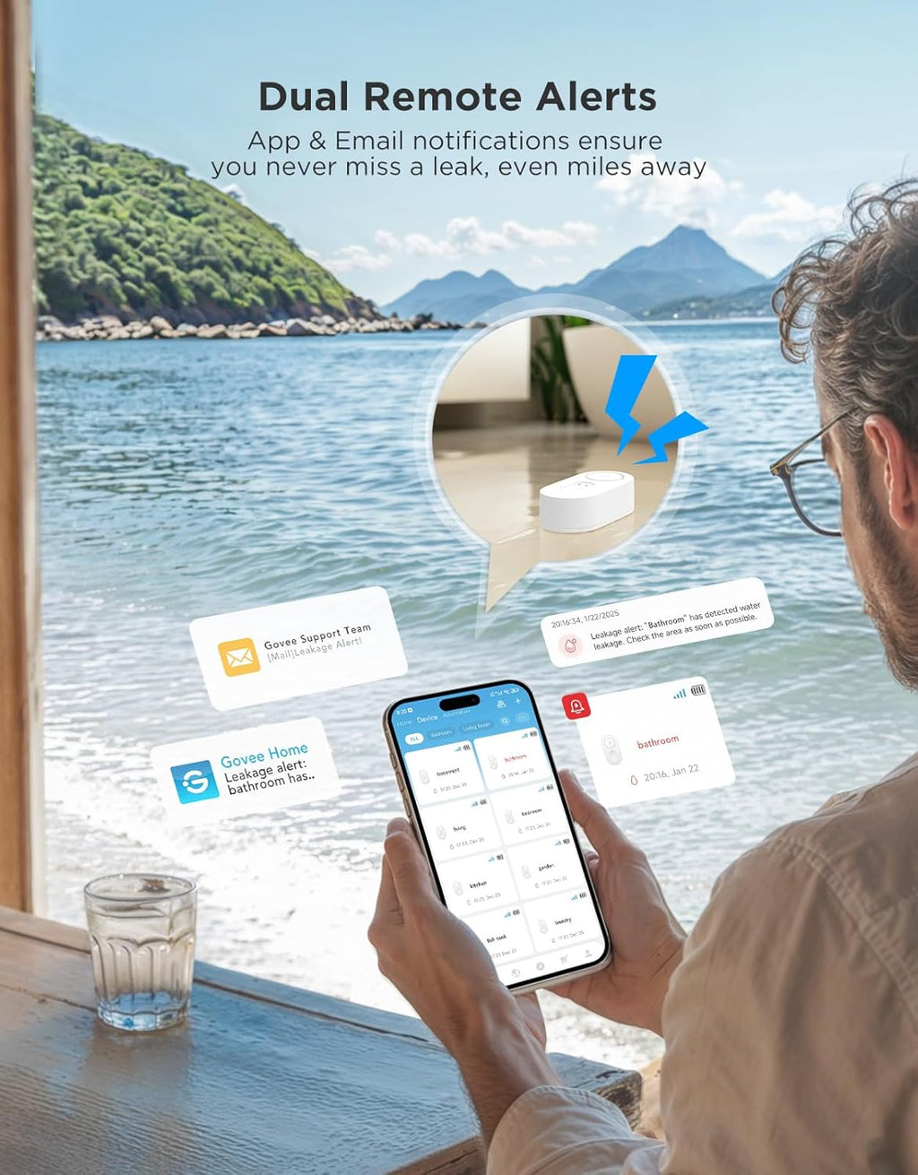 GoveeLife WiFi Water Leak Detector for Home Bundle with sub-Device with 105dB Adjustable Alarm,Water Sensor with 1804ft Long Monitoring Rang