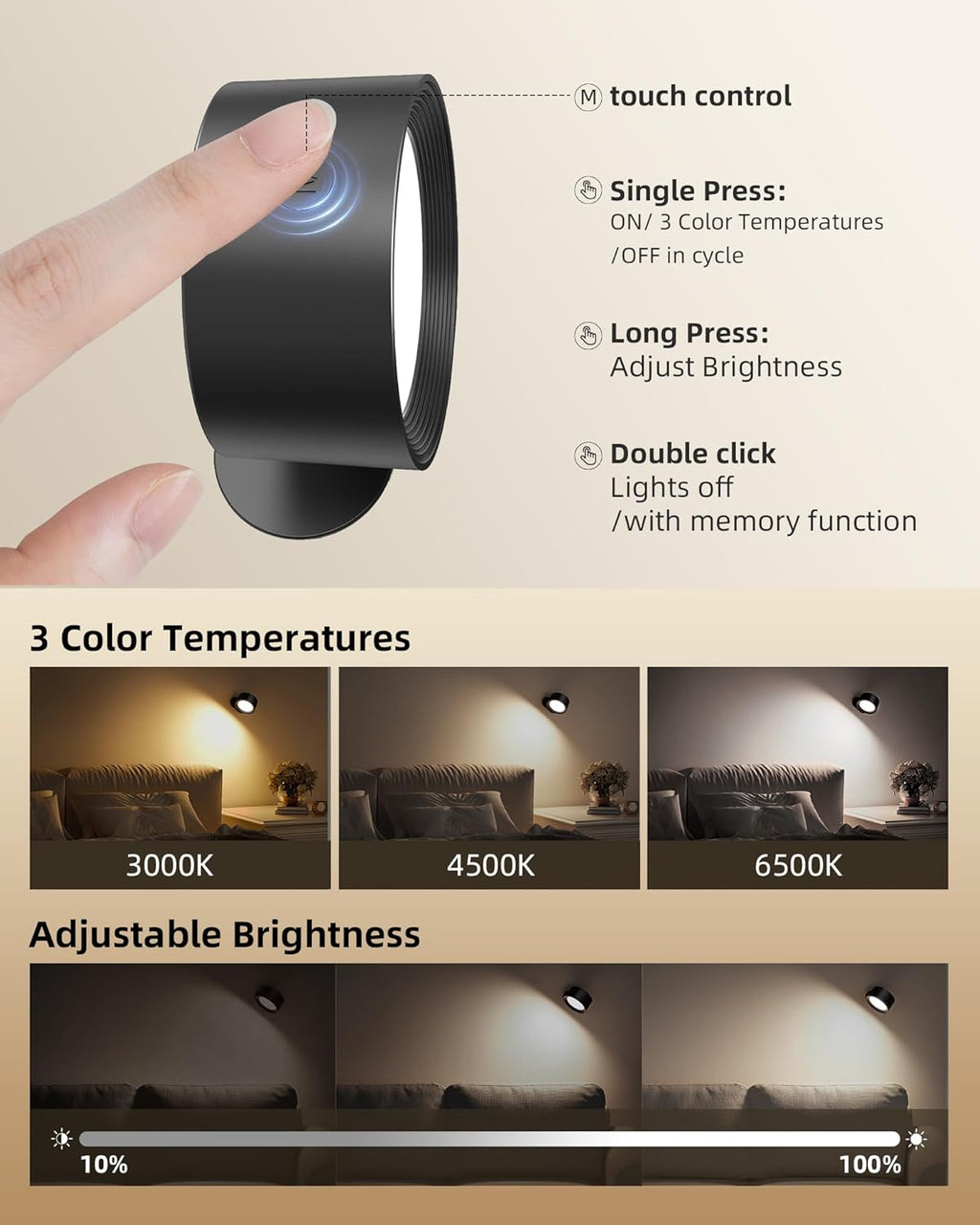 LED Wall Mounted Lights, Rechargeable Wall Sconces Lamp, 3 Color Temps & Remote and Touch, 360°Rotation Dimmable Cordless Wall Light for Study Bedroom Reading Bedside(Black, 2 Pack)