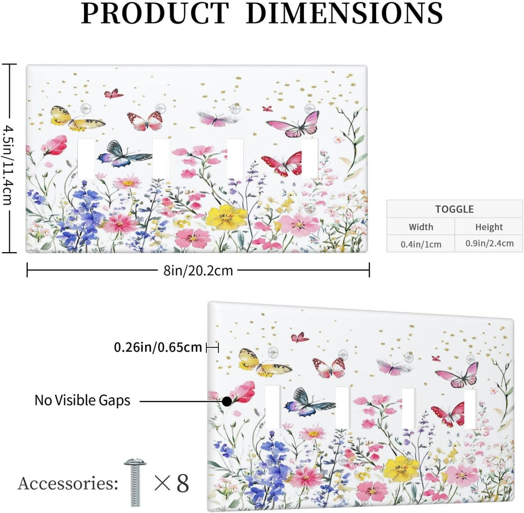 Light Switch Covers Watercolor Floral Butterfly Colorful Wildflower Quad Toggle Electrical Faceplate 4 Gang Wall Plate Decorative Switch Plates For Bed Room Living Room Decor