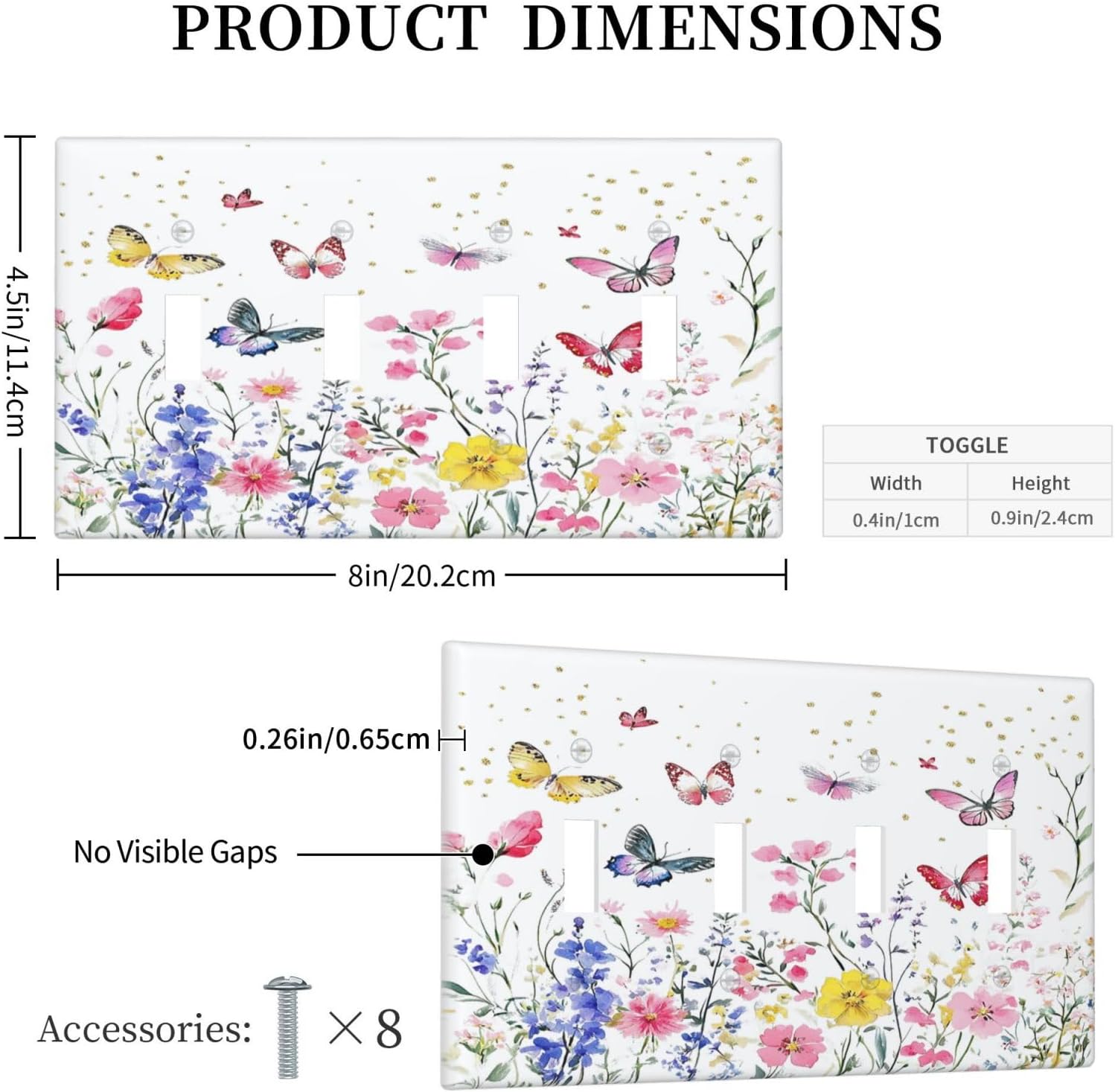 Light Switch Covers Watercolor Floral Butterfly Colorful Wildflower Quad Toggle Electrical Faceplate 4 Gang Wall Plate Decorative Switch Plates For Bed Room Living Room Decor
