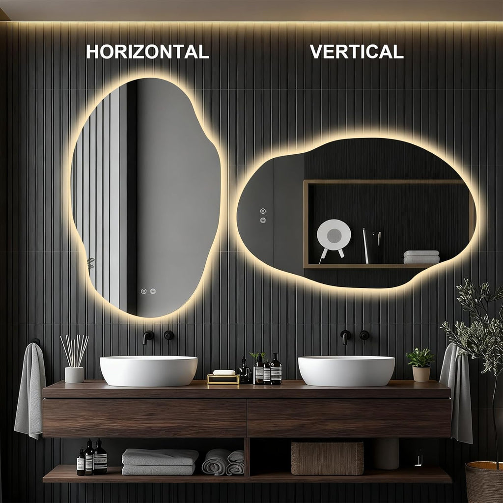 Asymmetrical Bathroom Mirror with Lights,Irregular LED Bathroom Vanity Mirror with Backlit,Anti-Fog,3 Colors and Dimmable Light with Memory,Hardwired Supported[Horizontal/Vertical] 48" H x 30" W
