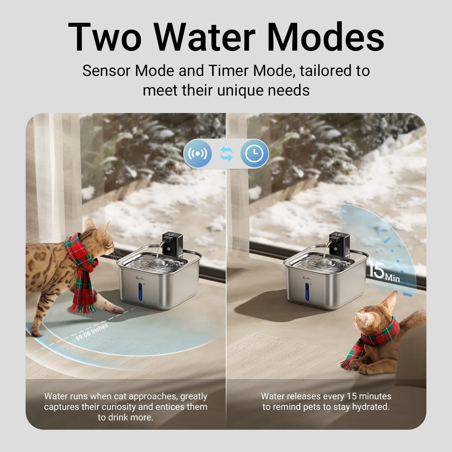 DownyPaws Cat Water Fountain Stainless Steel Wireless, 101 oz/3L FurSink Cordless Water Fountain for Cats, Battery Operated Cat Fountains for Drinking with Motion Sensor, Easy Clean, Metal