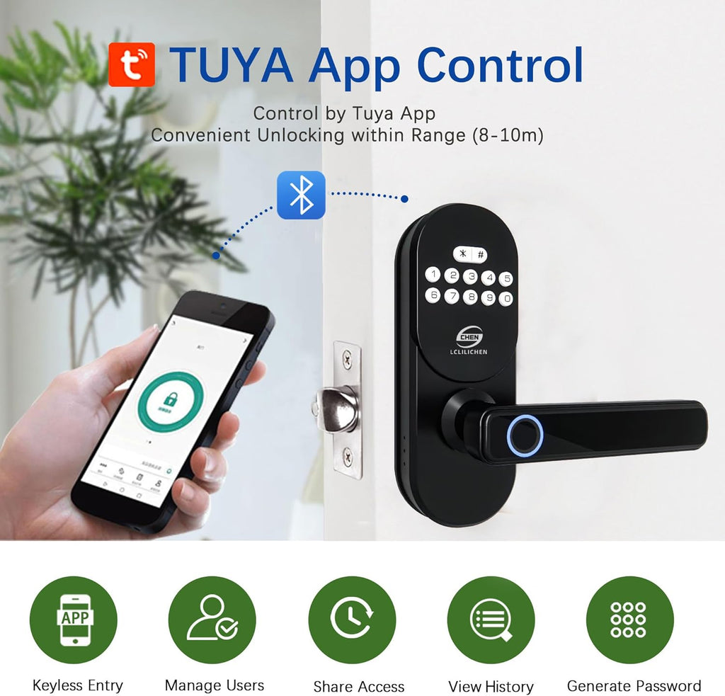 Keyless Entry Door Lock with Handle, Smart Fingerprint Deadbolt, APP Control & Keypad Password Unlock for Front Door, Home, Apartment