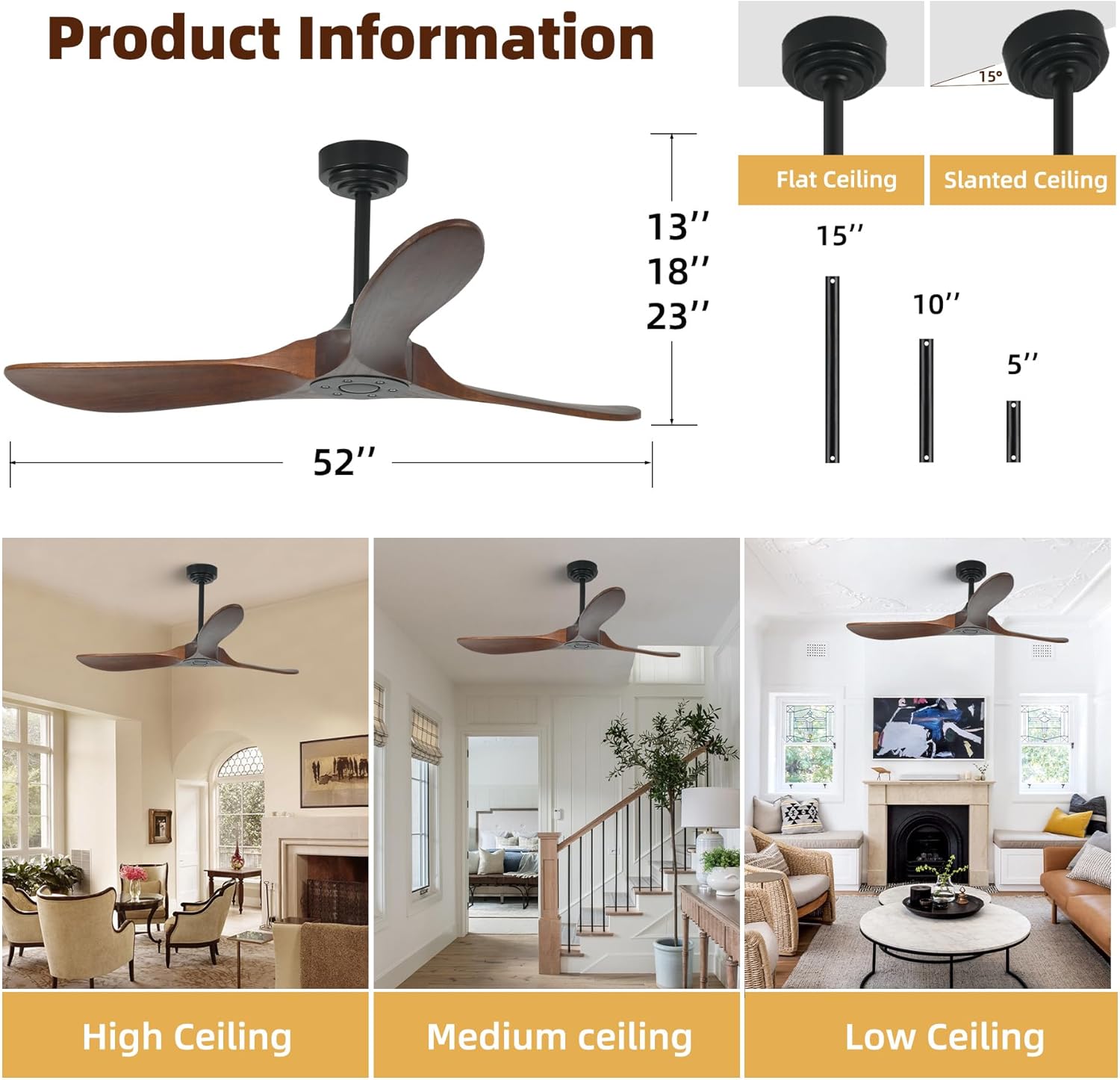 Smart Ceiling Fan no Light, 52 Inch Outdoor Ceiling Fan Without Light, Compatible with Alexa/Google/App, 3 Solid Wood Blades, Modern Wood Fan for Patio, Bedroom, Living Room,Dark Walnut