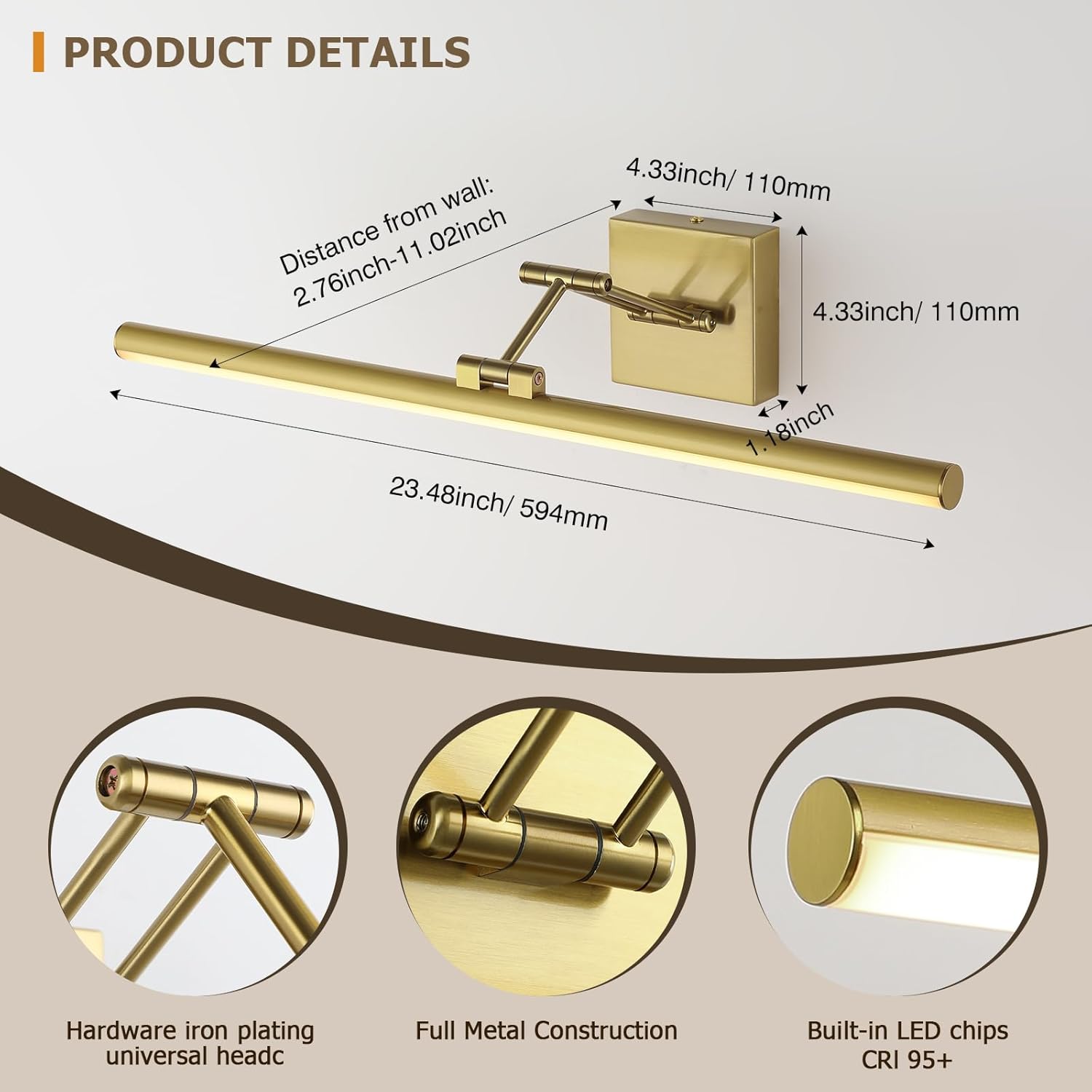 Joossnwell Hard-Wired Picture Light for Wall Brass Art Lighting Dimmable Gallery Light 23.39 inch Picture Frame Light with Adjustable Swing Arm for Painting Library Display Artwork Museum Warm White
