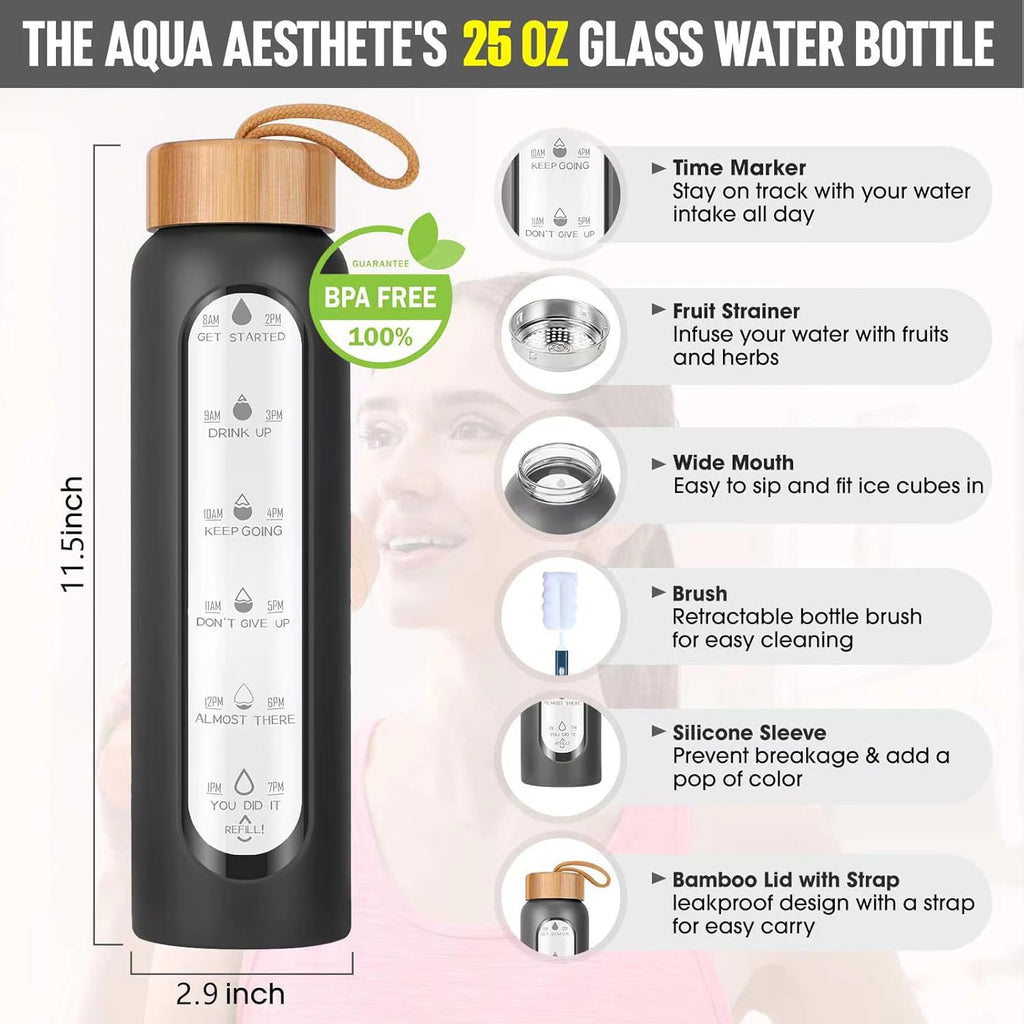 Aqulea Glass Water Bottles 25 Oz with Silicone Sleeve - BPA Free Reusable Wide Mouth Glass Motivational Water Bottles with Fruit Infuser – Leak Proof Borosilicate Water Bottle with Time Marker (Black)